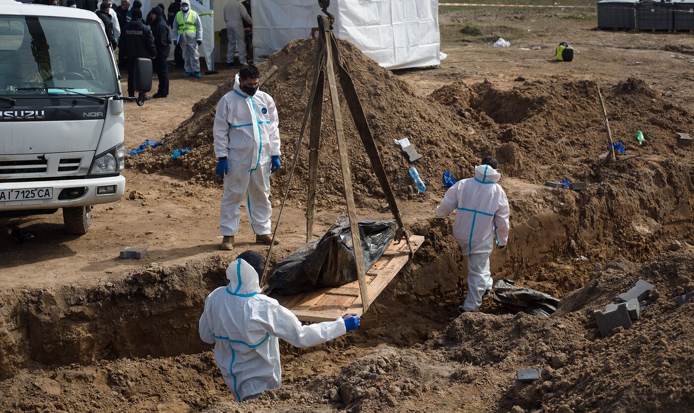 Forensic workers exhumed a mass grave in Bucha, Ukraine