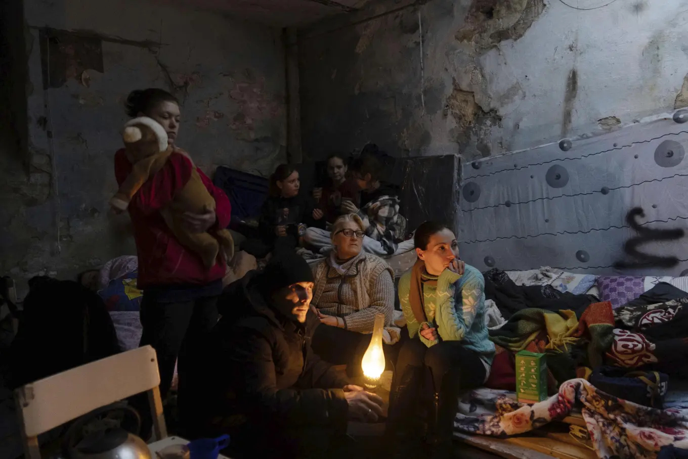 Ukrainians in a bomb shelter in Mariupol, Ukraine