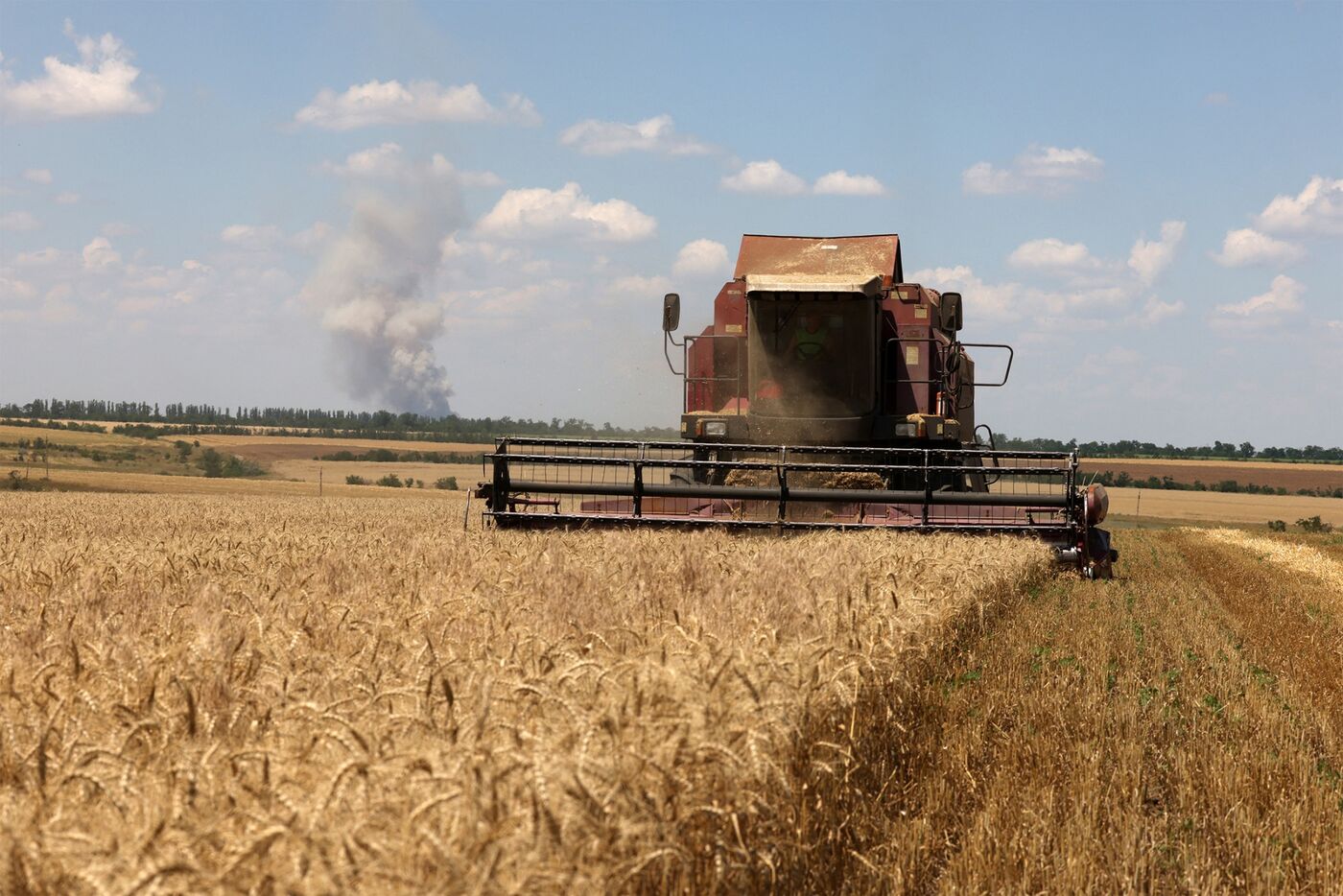 Economy of Ukraine and Ukraine major industries: Tractors harvest grain on a field in the southern Mykolaiv region