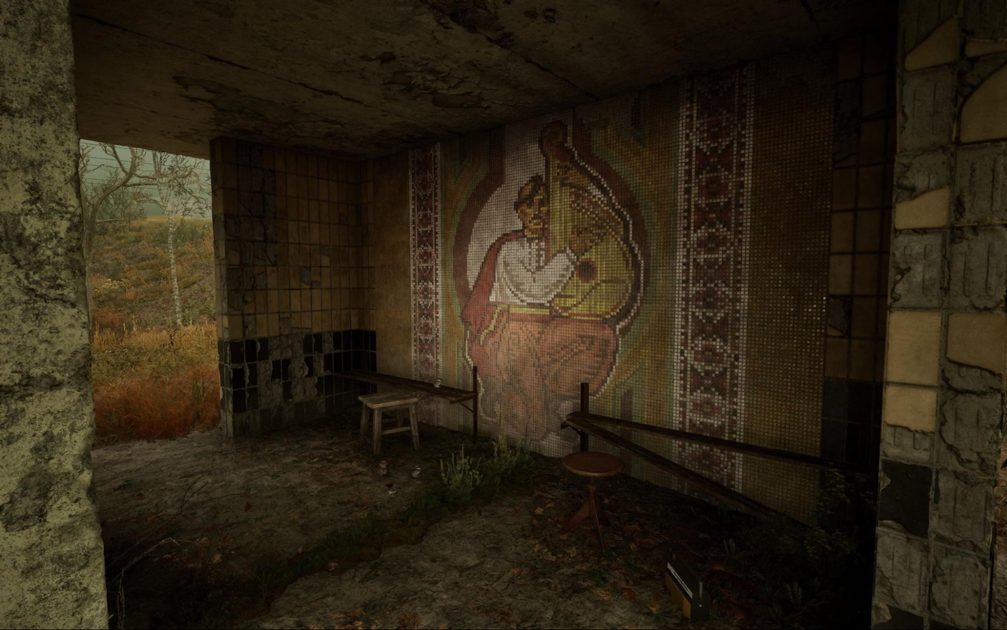 Screenshot from S.T.A.L.K.E.R. 2: Heart of Chornobyl shows the Ukrainian mosaic on a bus stop.