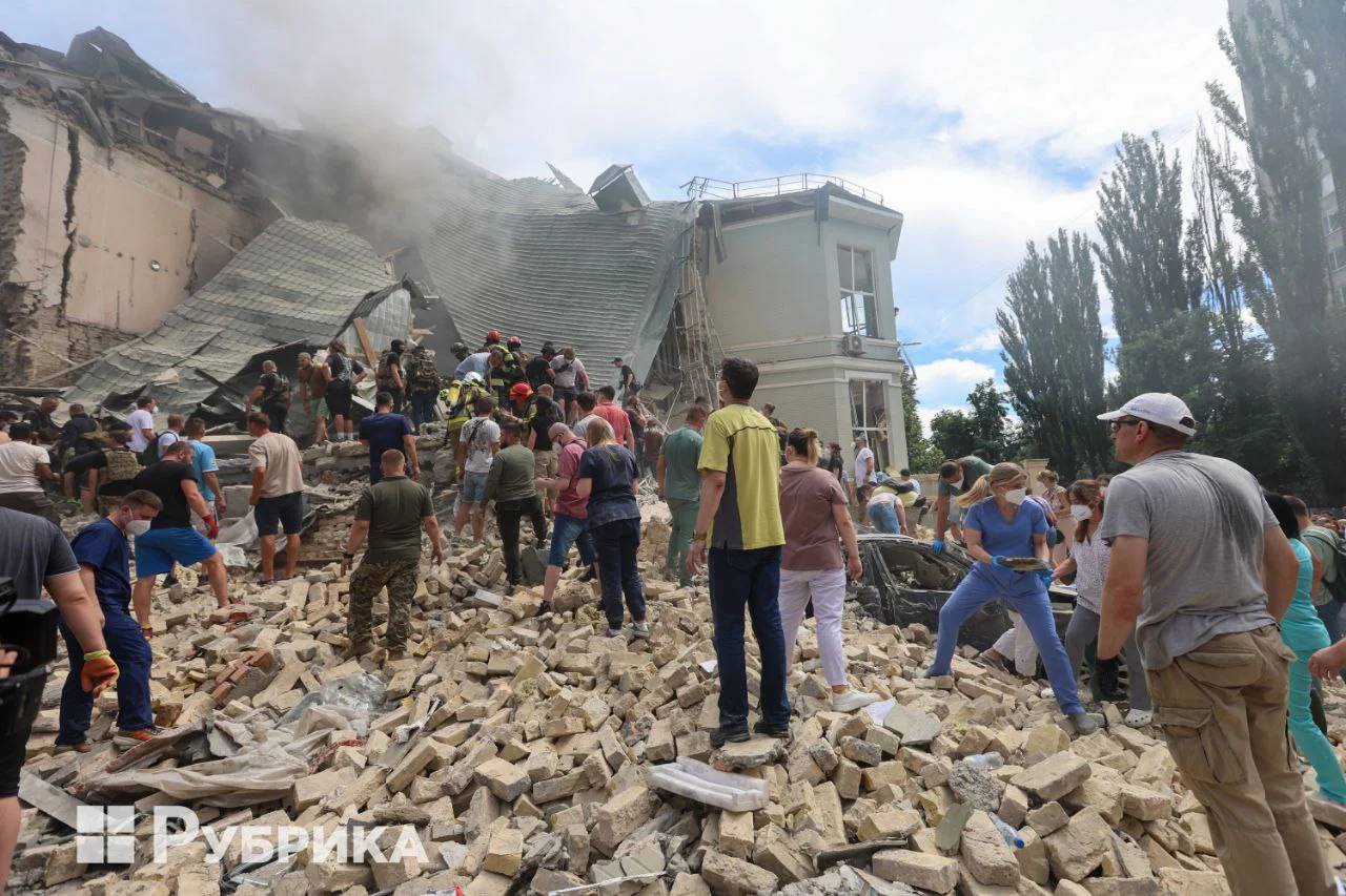 Russian rockets strike Okhmatdyt (Okhmadyt/Ohmatdyt) Children's Hospital in Kyiv amid a mass attack on June 8, 2024. Doctors and passers-by helped rescuers and police officers to clear the rubble.