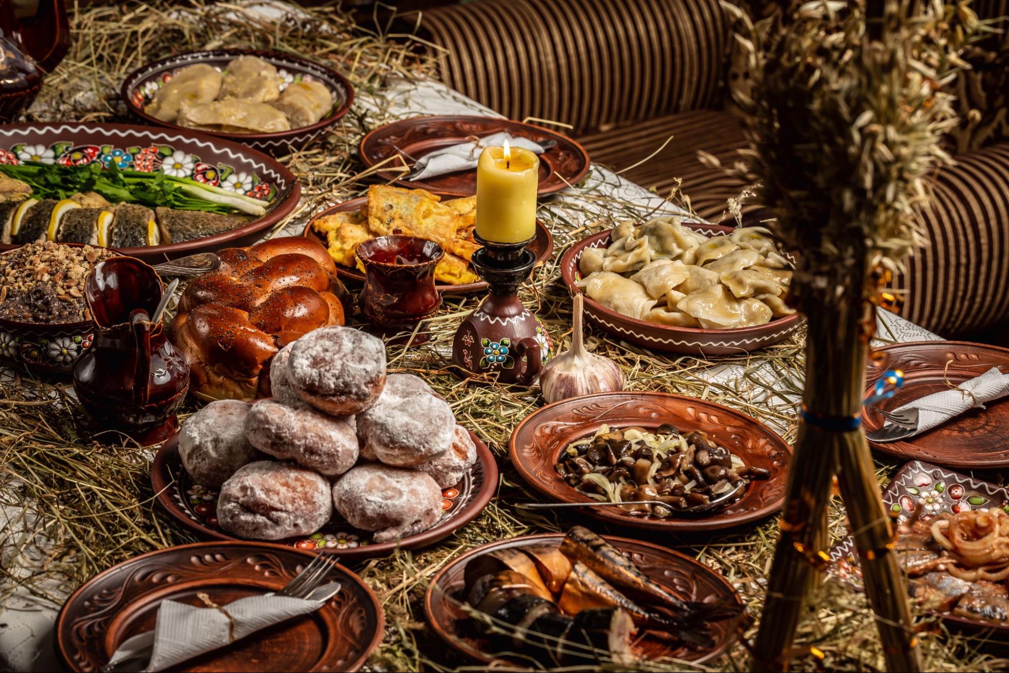 Traditional Christmas table in Ukraine, twelve meatless dishes