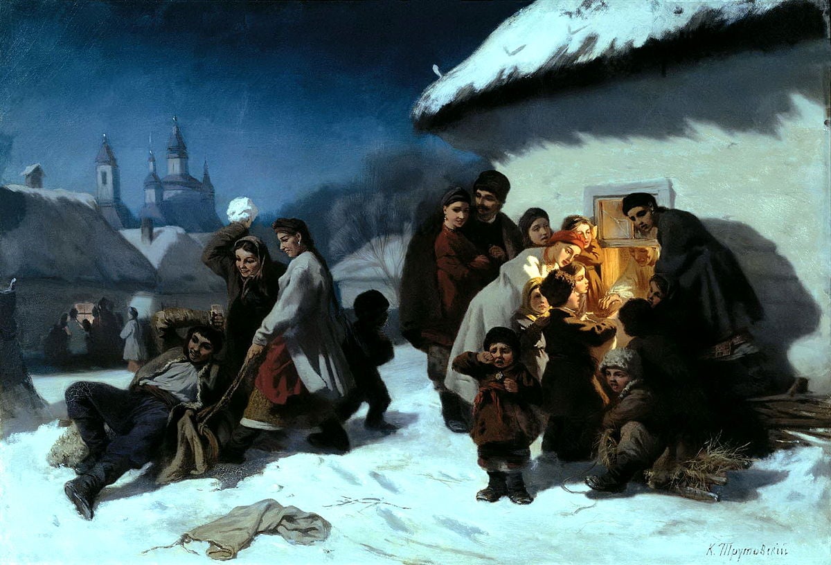 Ukrainian artist Kostiantyn Trutovskyi's 1864 painting, Carols in Ukraine. 