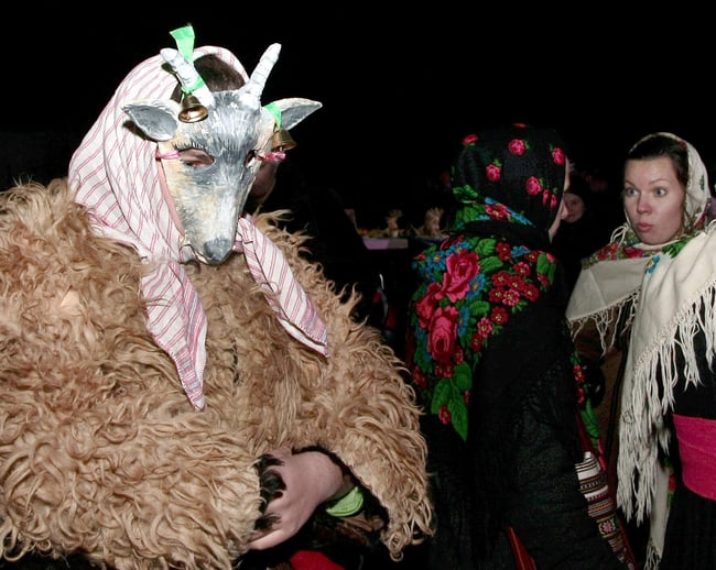 Ukrainian New Year's Eve: One of the carolers is dressed as a goat for the special ritual.