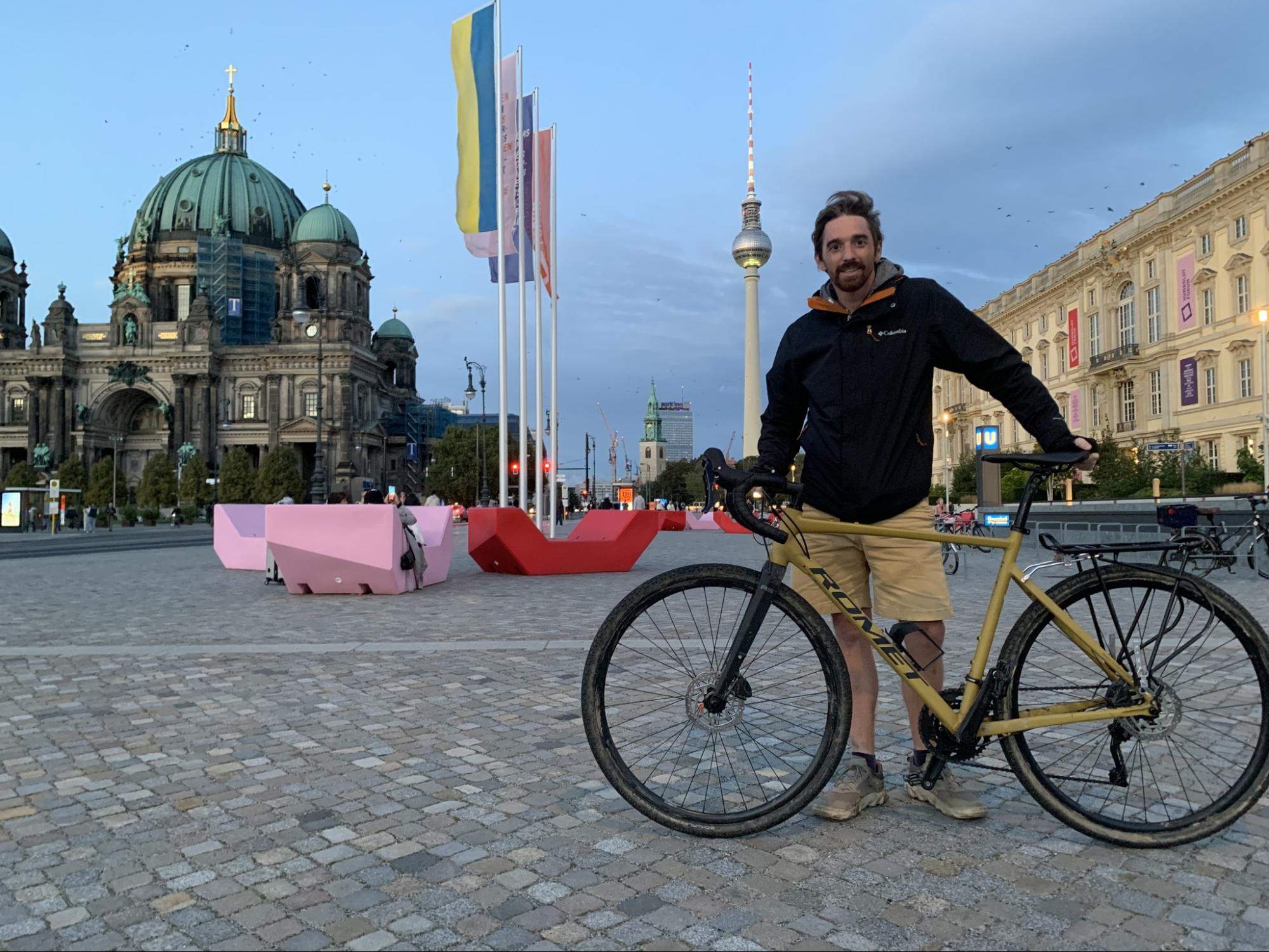 Sébastien Gobert stopped for a photo in Berlin on his charity bike trip for Ukraine